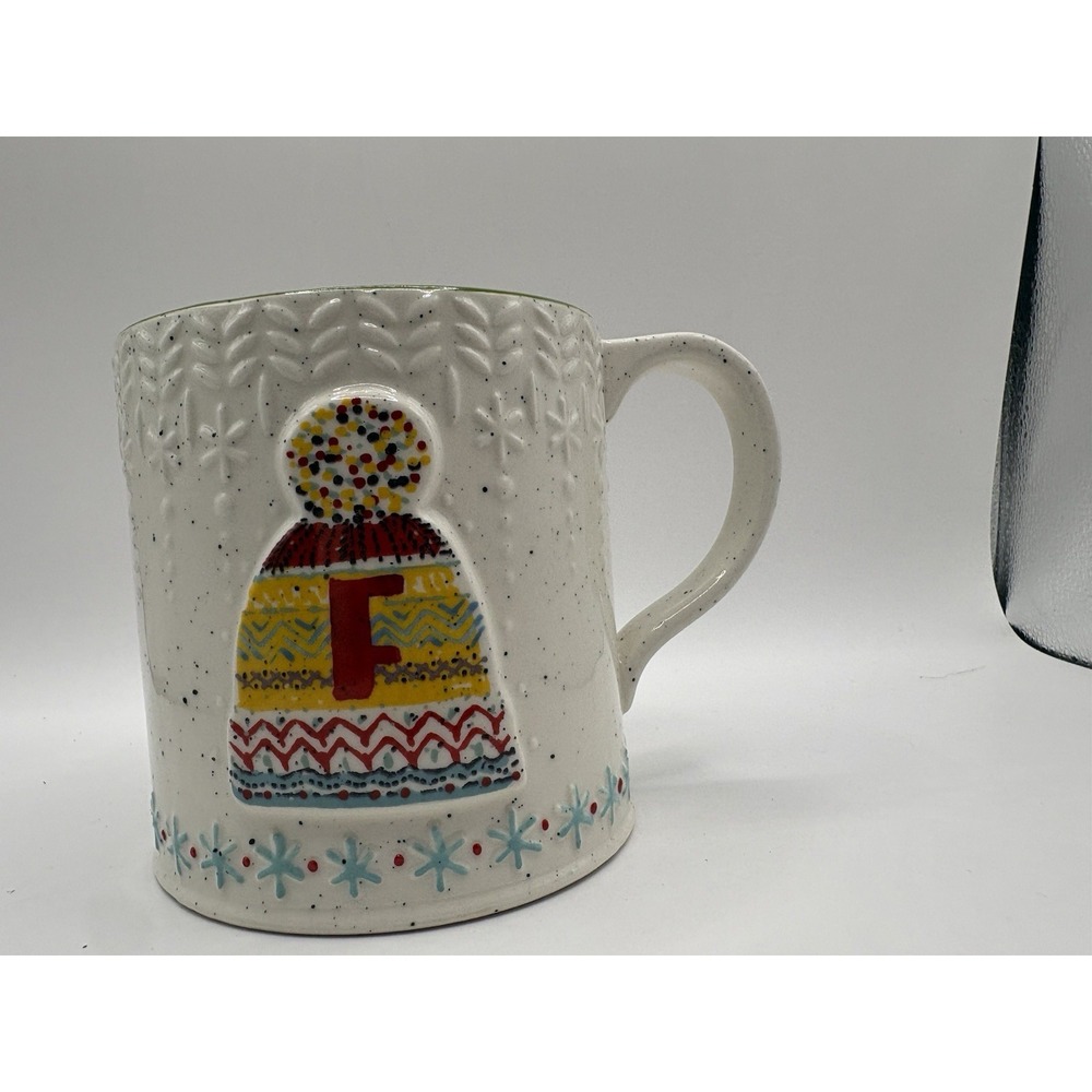 Anthropologie Mug Cup Monogram Winter Holiday Hat Tea Latte Coffee Letter F